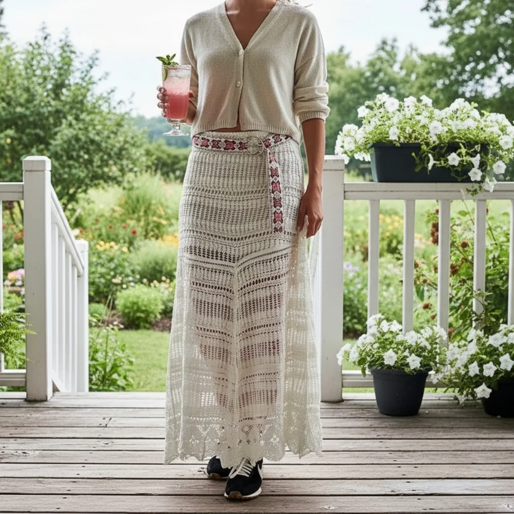 POL Openwork Boho Crochet Knit Scallop Maxi Skirt Butterfly Embroidered Belt - Picture 9 of 16